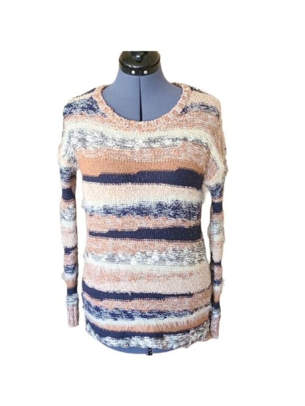 American Eagle Mixed Media Sweater Women's Small Navy Tan Striped Pullover